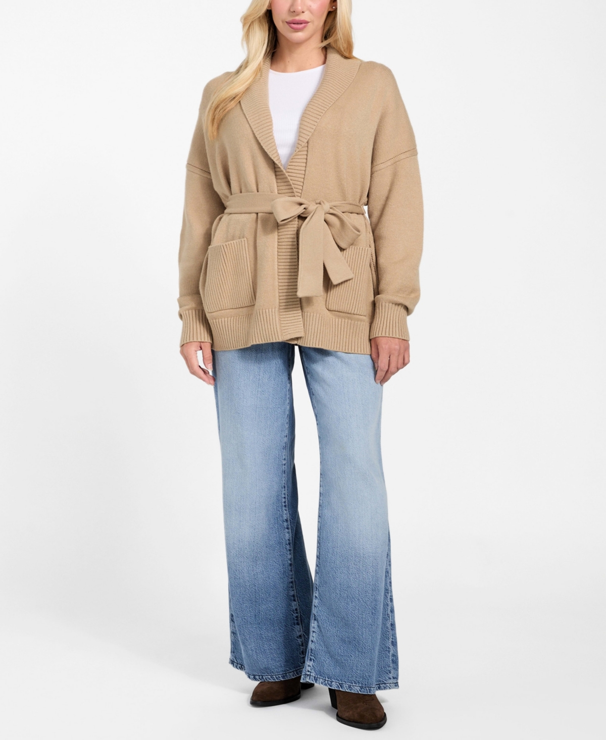 Guess Belted Shawl Collar Cardigan In Brown