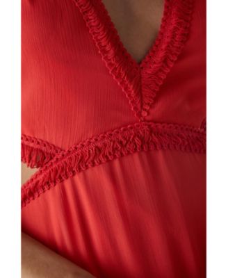 Women's Chiffon Fringe Trim Cut Out Maxi Dress