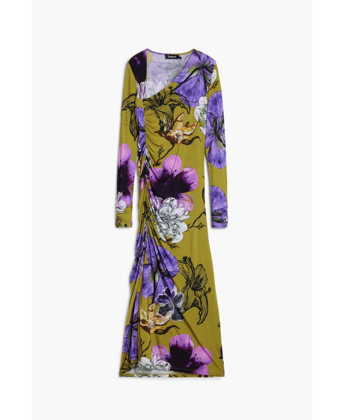 Desigual Floral Print Long Sleeve Midi Dress In Green
