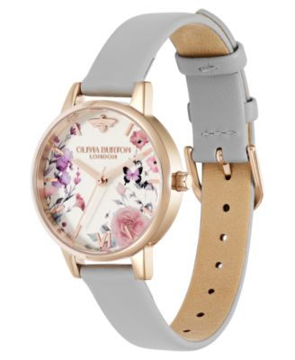 Women's Illustrated Floral Earl Gray Calfskin Leather Strap Watch, 30mm