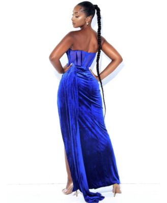 Women Priya Royal Blue Draping Corset High Slit Velvet Gown
