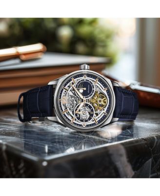 Vanguard 1019.02 Legacy Collection Dual Time Automatic Skeleton Watch 42mm Stainless Steel Blue Dial Leather Strap