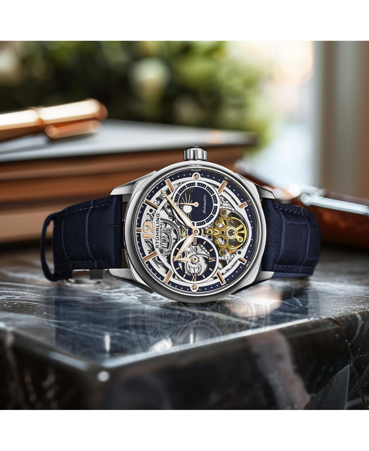 Часы Stuhrling Vanguard 1019.02 Legacy Collection Dual Time Automatic Skeleton Watch 42mm Stainless Steel Blue Dial Leather Strap, цвет: Синий — фото 6