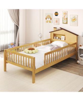 Twin Size Kids Bed Solid Wood Platform Bed w/ Under-bed Storage & Storage Cube