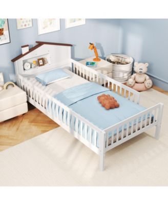 Twin Size Kids Bed Solid Wood Platform Bed w/ Under-bed Storage & Storage Cube