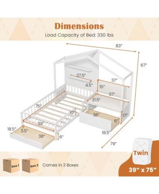 Twin Size House Bed Kids Platform Bed w/ Padded Bench & Floating Shelves