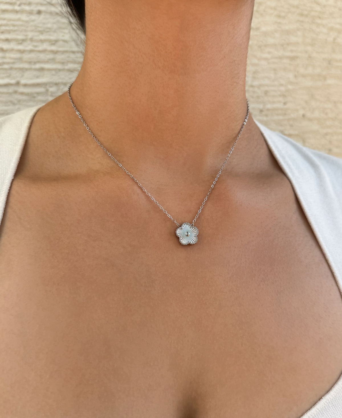 Adornia Tarnish Resistant Silver Five-leaf Clover Pendant Necklace In White