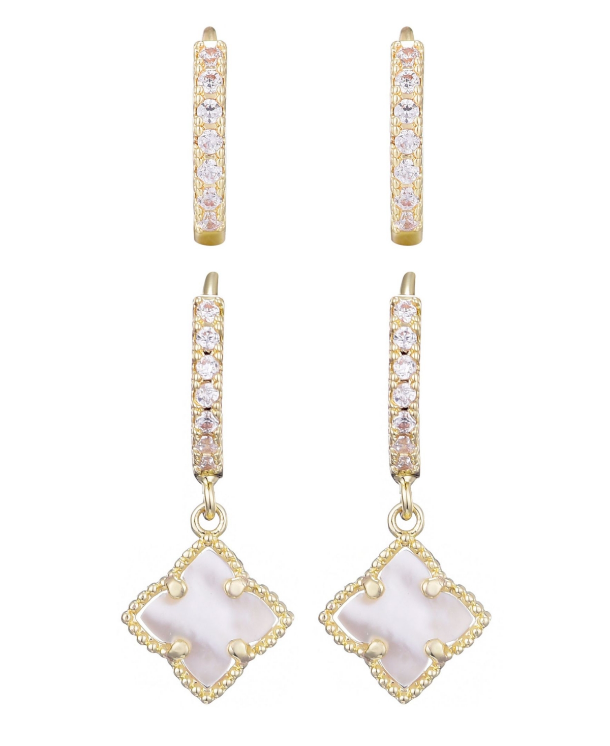 Adornia 14k Gold Plated White Mother Of Pearl Clover Cz Huggie Set In Gold