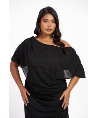 Women's Drop Shoulder Ruched Mesh Midaxi Dress