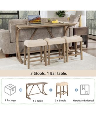 4 Piece Bar Table Set with Power Outlet and 3 Padded Stools for Dining or Living Room