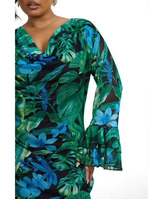 Women's Ruffle Cowl Neck Palm Print Maxi Dress