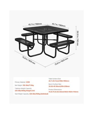 Outdoor Square Steel Picnic Table Weather Resistant Patio Dining Furniture Set