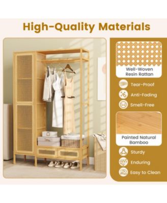 Bamboo Clothing Rack with Cabinet Hanging Rod Storage Shelf &amp; Drawers for Foyer