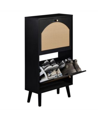 Two Dump Buckets Shoe Cabinet with High-Leg Frame and Original Wood Rattan Surface
