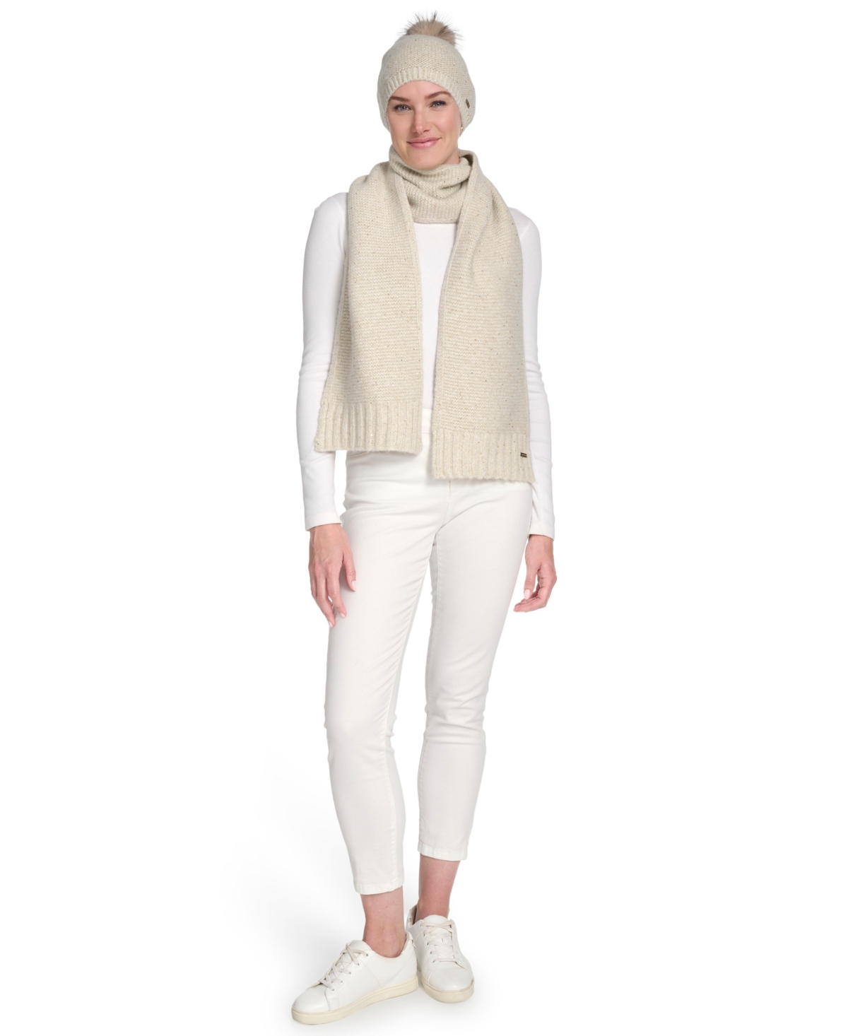 Calvin Klein 2-piece Mini Sequin Hat And Scarf Set In Neutral