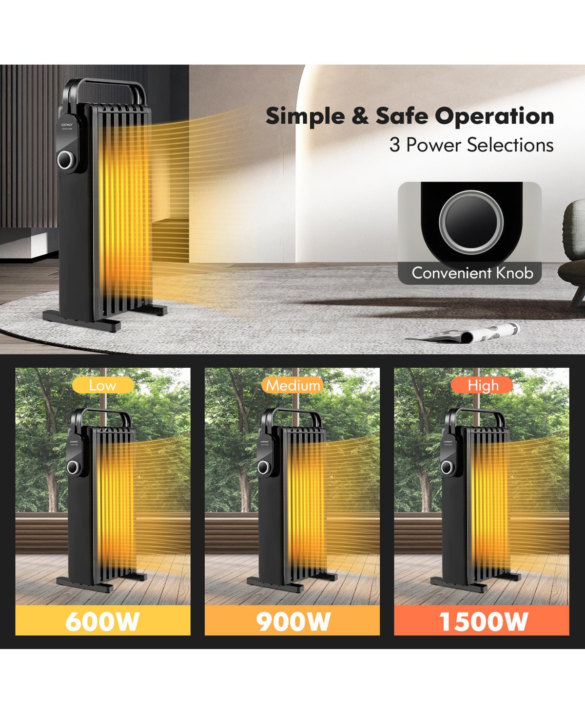 Costway 1500W Electric Space Heater Oil Filled Radiator Heater