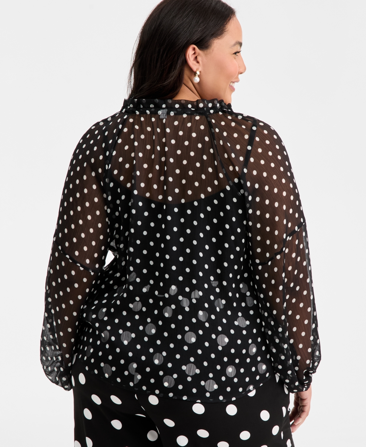 On 34th Trendy Plus Size Polka-dot Crinkle-chiffon Blouse, Macy's Exclusive In Black