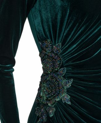 Women's Velvet Side Ruched Sleeve Gown