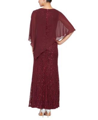 Petite Round-Neck Sequin Lace Cape Dress