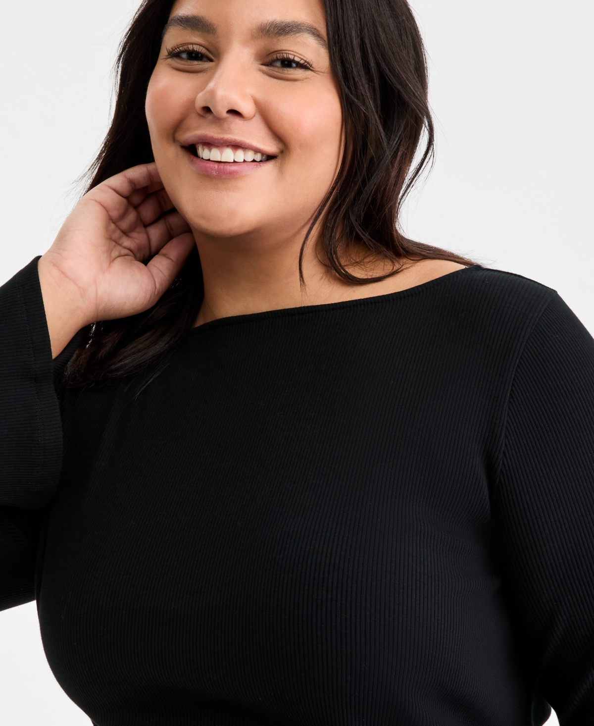 On 34th Trendy Plus Size Rib-knit Boat-neck Bell-sleeve Top, Macy's Exclusive In Black