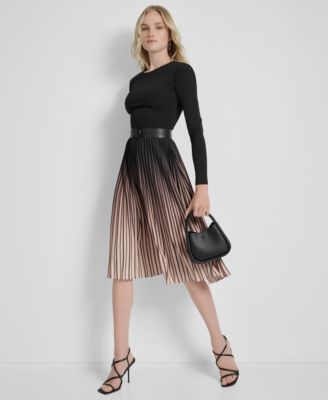 Women's Ombr&eacute; Sunburst Pleat-Skirt Long-Sleeve Midi Dress