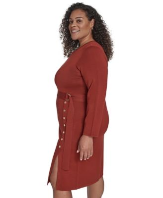 Plus Size Long Sleeve Belted Midi Dress