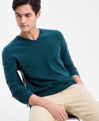 Men's Solid V-Neck Cotton Sweater, Created for Macy's