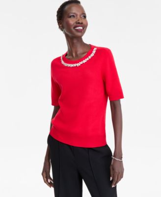 Women's Short-Sleeve Embellished-Neck Sweater, Macy's Exclusive