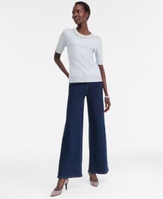 Women's Short-Sleeve Embellished-Neck Sweater, Macy's Exclusive
