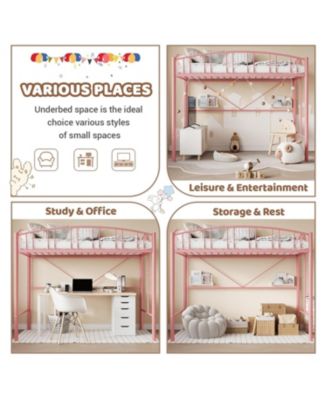 Loft Bed Twin Size, Heavy Duty Metal Loft Bed Frame with Arched Guardrail and Safety Ladder, Space-Saving, No Box Spring Needed, Pink