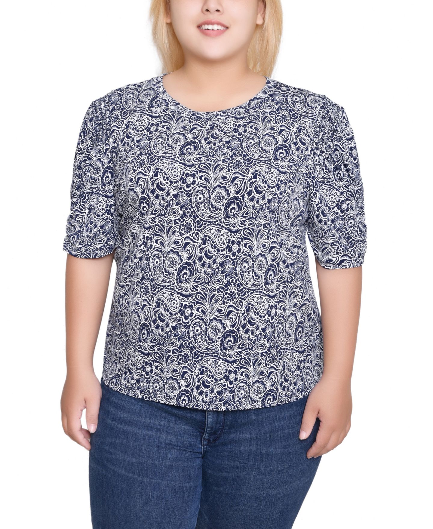 Женский топ NY Collection Plus Size Short Sleeve Crew Neck, цвет: Тёмно-синий — фото 1