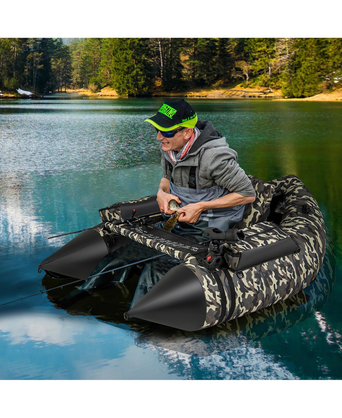 Gymax Inflatable Float Tube w/ Flippers Fish Ruler Rod Holder Storage Pockets Pump