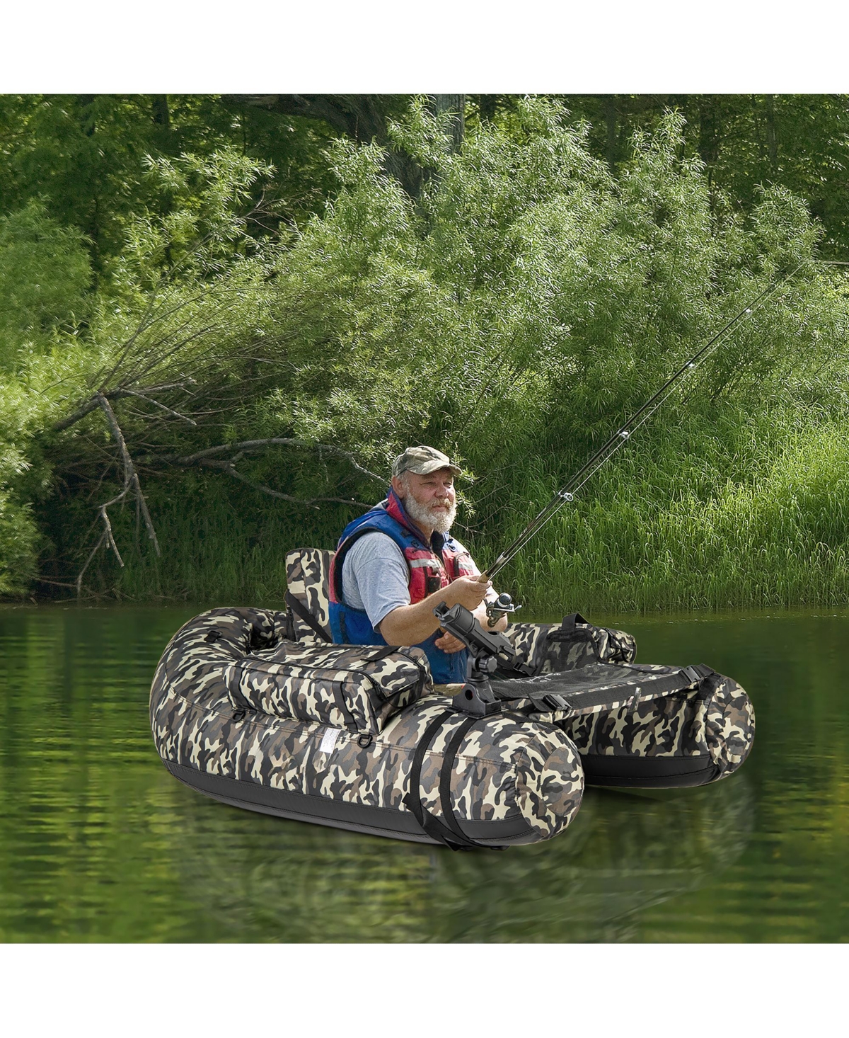 Gymax Inflatable Float Tube w/ Fish Ruler Rod Holder Storage Pockets Flippers Paddle