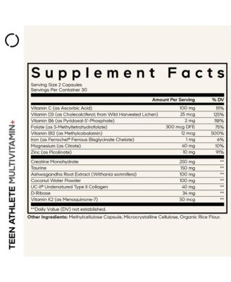 Teen Athlete Multivitamin+ Sports Supplement - Creatine, Methylated B Vitamins, Taurine, UC-II Collagen, Ferrochel Iron, 60 Capsules