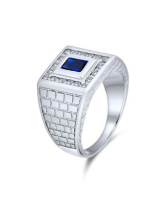 Blue Emerald Cut CZ Statement Ring  – Brick Pattern Sterling Silver Band
