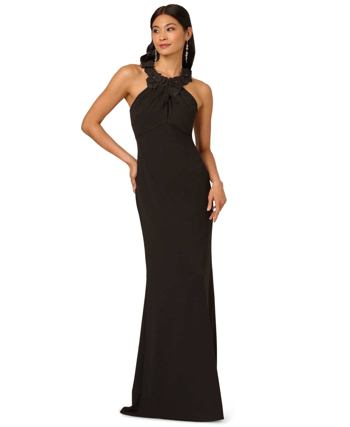 Adrianna Papell Petite Embellished Rosette Halter Gown In Black