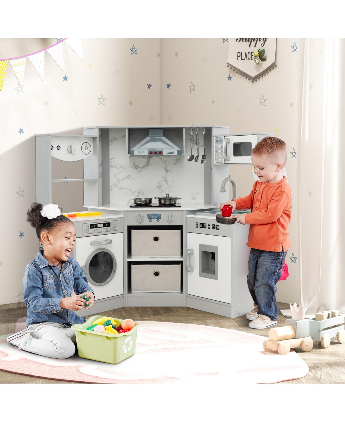 Wooden Kids Play Kitchen with Realistic Lights & Sounds – Gray