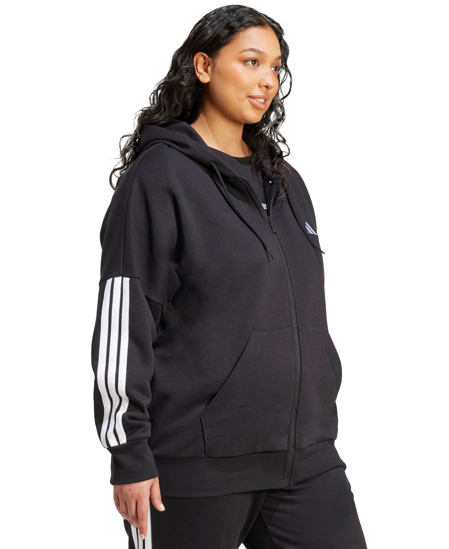 Женское худи adidas Plus Size Essentials 3-Stripes Full-Zip Fleece, цвет: Чёрный — фото 2