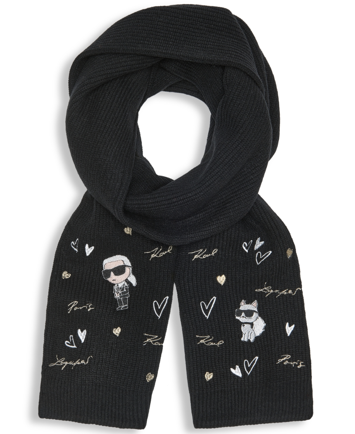 Karl Lagerfeld Women's Embroidered Karl Hearts Scarf In Black
