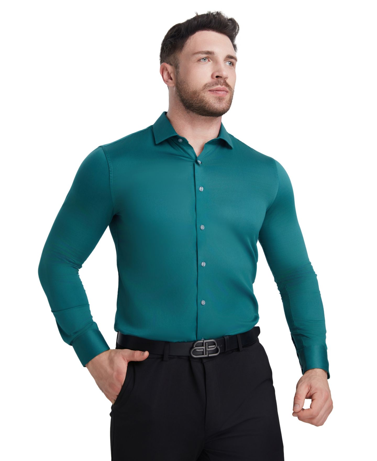 Мужская рубашка Perry Ellis Portfolio Solid Sateen Slim Fit Dress Shirt, цвет: Изумрудный — фото 7