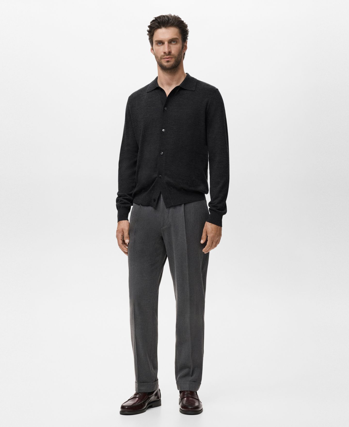 Мужской кардиган MANGO Merino Wool, цвет: Тёмный меланжевый серый — фото 1