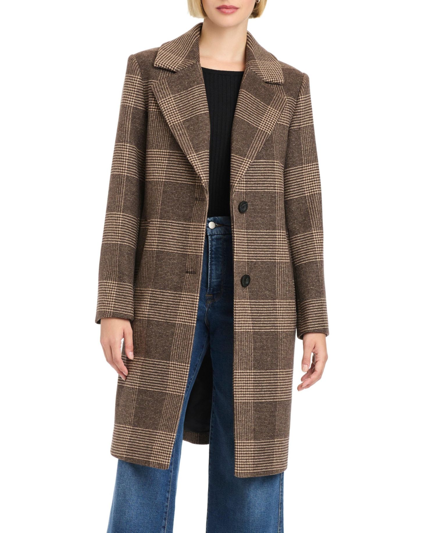 Women's Single-Breasted Wool-Blend Boyfriend Plaid Coat