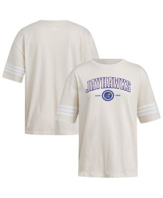 adidas - Women's Cream Kansas Jayhawks Fashion Three-Stripes Oversized T-Shirt