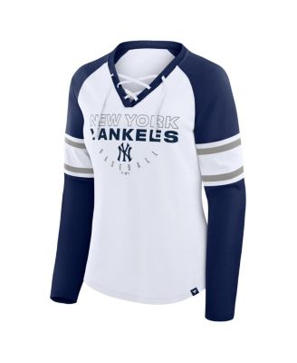 Women's White/Navy New York Yankees Blitz Package Raglan Lace-Up V-Neck Long Sleeve T-Shirt