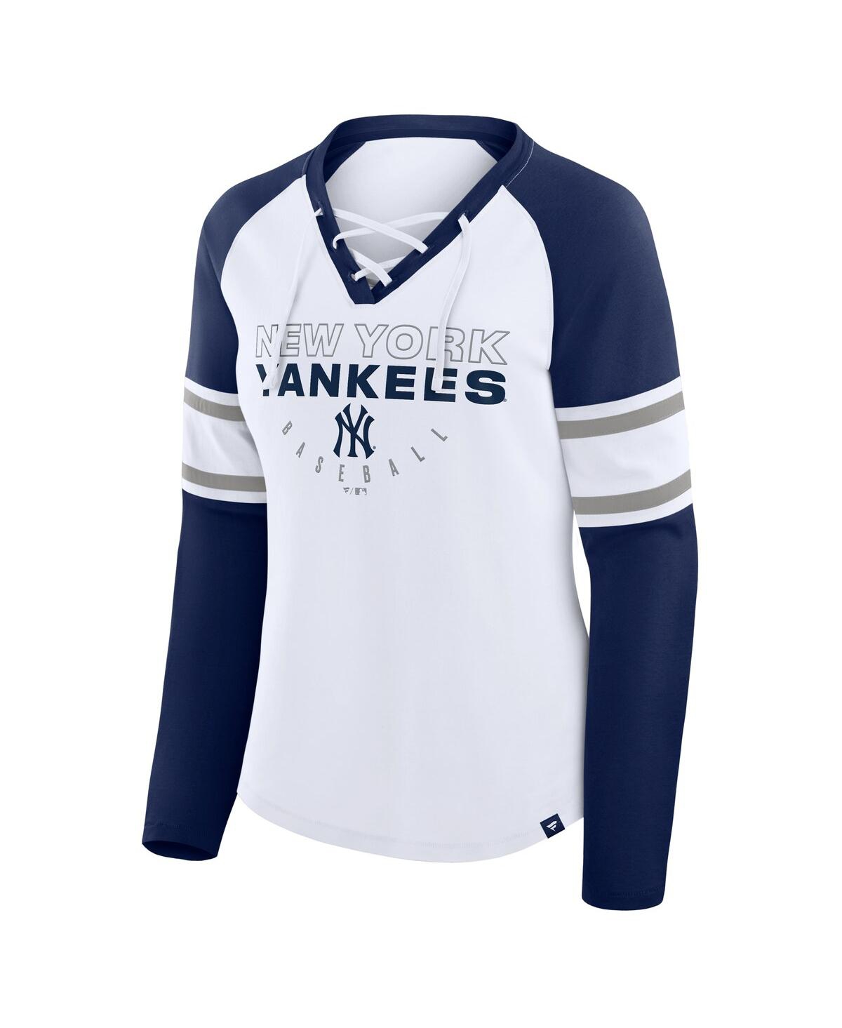 Fanatics Women's White/navy New York Yankees Blitz Package Raglan Lace-up V-neck Long Sleeve T-shirt In Multi