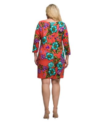 Plus Size Orange Floral Print Three Quarter Sleeve A Line Knee Length Dress