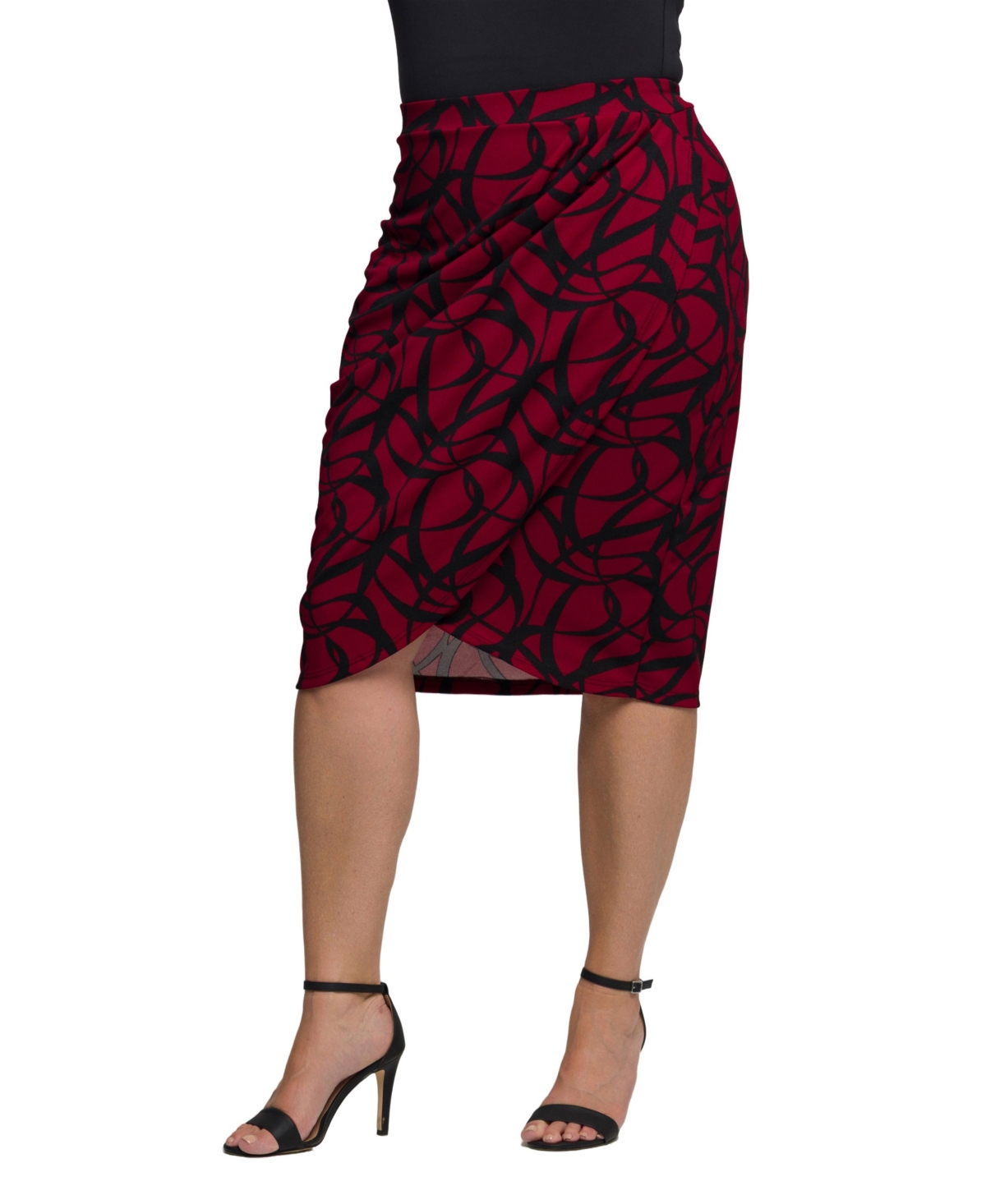 24seven Comfort Apparel Plus Size Burgundy Print Ruched Knee Length Skirt In Multi