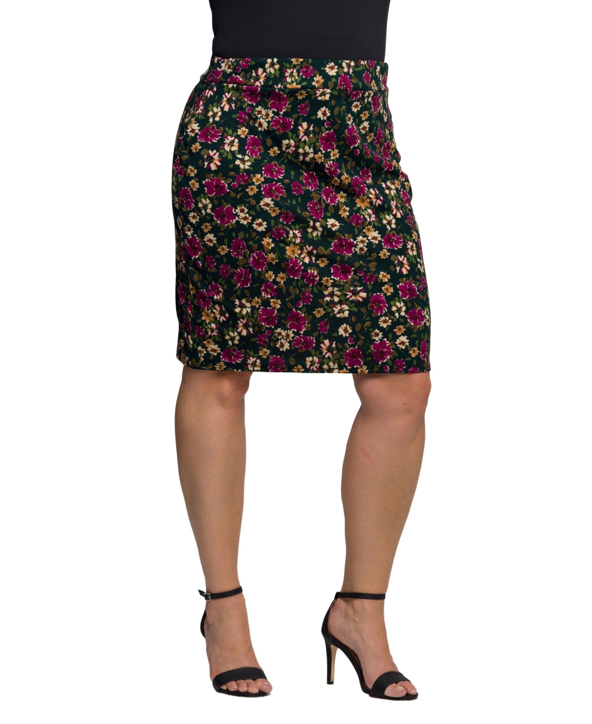 24seven Comfort Apparel Plus Size Floral Print Knee Length Pencil Skirt In Multi