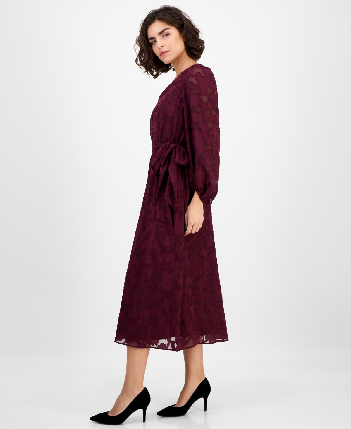 Anne Klein Floral Appliqué Long Sleeve Dress In Burgundy