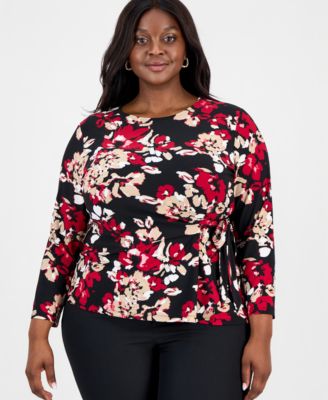 Kasper - Plus Size Printed 3/4-Sleeve Tie-Waist Top